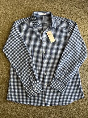 Men's Blue Gingham Dress Shirt - Tailored Long Sleeve 100% Cotton